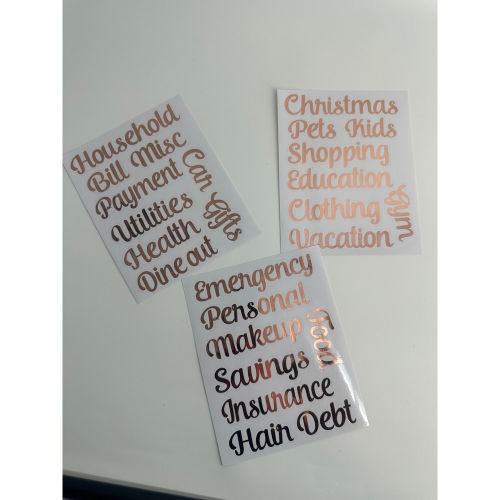 3 Sheets Rose Gold Budgeting Vinyl Stickers Cash‎ Envelope method Planner Labels